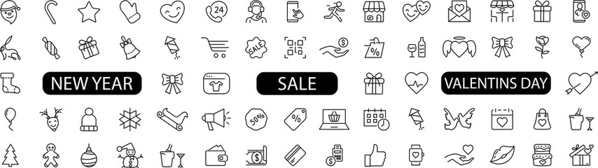 Set of traditional Merry Christmas and New Year symbols, sales and Valentin's day icon. Tree branches, toys, santa claus, christmas stoking, gift box, snowman, candies, bells