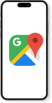 Google Maps icon on screen of Apple iPhone Max Pro 14 - online service of location. Official symbols and marks