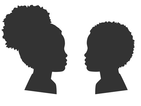 Silhouettes of afro kids faces. Outlines boy and girl in profile. Illustration on transparent background