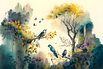 Fototapete Schmetterlinge im Grunge Digital watercolor painting, high quality, of a forest landscape with birds, butterflies and trees, in bright colors and in a consistent style