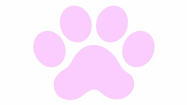 Animated cat pink footprint. A cat's paw print appears. Looped video. Vector flat illustration isolated on the white background