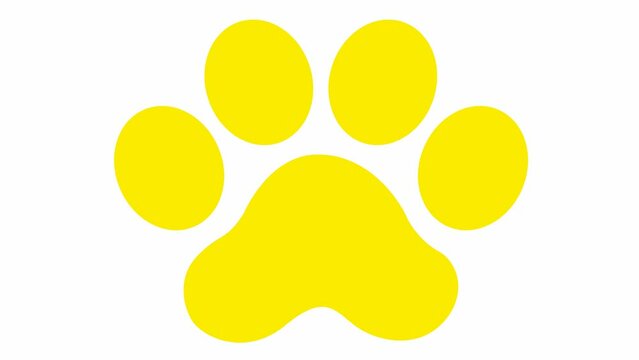 Animated cat yellow footprint. A cat's paw print appears. Looped video. Vector flat illustration isolated on the white background