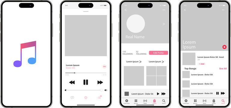 Apple music. App music. App interface template on Apple iPhone mockup