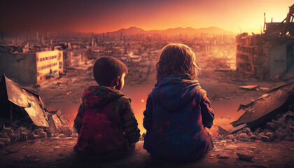 Children look down from the mountain at the devastation after the earthquake in Turkey, Syria Generative Ai