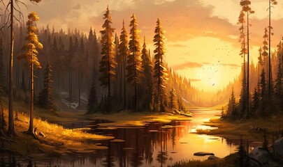  a painting of a sunset over a lake in a forest.  generative ai