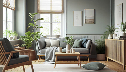 Interior design of a bohemian inspired living room with a cozy long sofa, pillows and home plants | Boho interior mockup with long sofa | Generative Ai | Modern and Luxurious living room