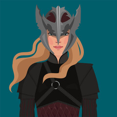 Beautiful woman dressed as warriort in decorated suit of armor, cartoon vector illustration isolated on background.