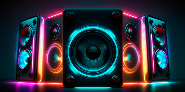 Illustration of neon light sound speakers music boxes AI generated content