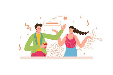 Color concept Happy people with people scene in the flat cartoon design. Man and woman communicate together and having fun.