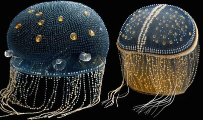  two blue and yellow jellyfishs with gold dots on them.  generative ai