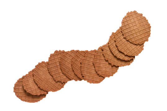 Wafers are round, broken in half, isolated. Thin waffle cookies, chocolate Belgian waffles, waffle breakfast on a white background	