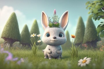 a cute adorable character  stands in nature in the style of children-friendly cartoon animation fantasy generative ai 3D style Illustration 	