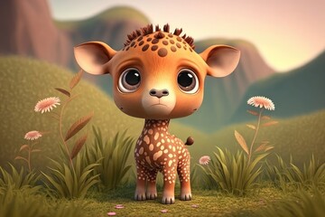 a cute adorable character  stands in nature in the style of children-friendly cartoon animation fantasy generative ai 3D style Illustration 	