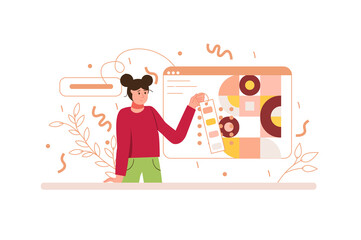 Color concept Design studio with people scene in the flat cartoon style. Creative designer thing about creating a new project for client.