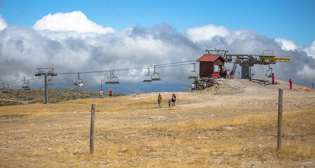 Cable cars railway circuit or Aerial tramway, tourist people and ticket cabin on top at the...