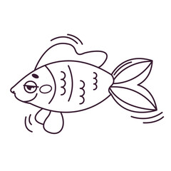 Vector Cute Cartoon Fish in the Doodle Style - Children's Picture for Coloring. Marine animals and ocean fish. Vector linear illustration in a hand-drawn style. Outline.