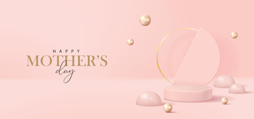 Mother's day banner for product demonstration. Pink pedestal or podium with pearls on pink background.