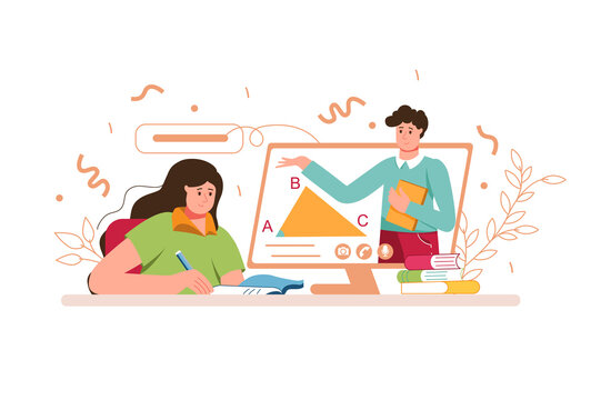 Education color concept with people scene in the flat cartoon style. Teacher explains different school topic for student on the online lesson.