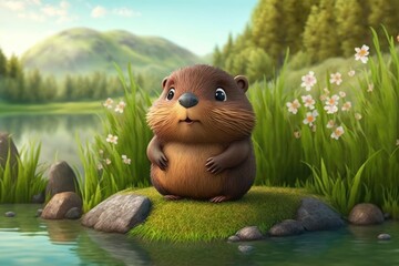 a cute adorable beaver character  stands in nature in the style of children-friendly cartoon animation fantasy generative ai 3D style Illustration 	 - obrazy, fototapety, plakaty