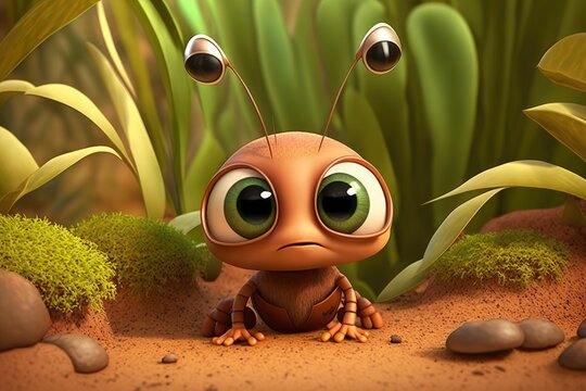 a cute adorable ant character  stands in nature in the style of children-friendly cartoon animation fantasy generative ai 3D style Illustration 	