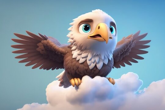 a cute adorable baby eagle character  stands in nature in the style of children-friendly cartoon animation fantasy generative ai 3D style Illustration 	