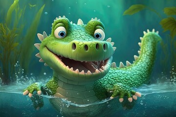 a cute adorable baby alligator underwater in the style of children-friendly cartoon animation fantasy generative ai  	 - obrazy, fototapety, plakaty