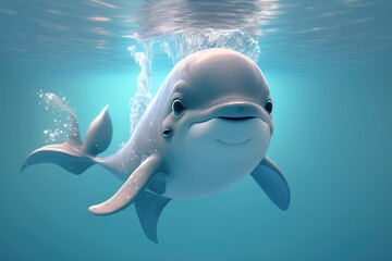 a cute adorable baby dolphin character  in nature in the style of children-friendly cartoon animation fantasy generative ai 3D style Illustration 	