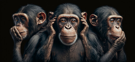 Illustration of 3 intelligent looking chimpanzee monkeys AI generated content - obrazy, fototapety, plakaty