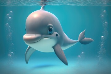 a cute adorable baby dolphin character  in nature in the style of children-friendly cartoon animation fantasy generative ai 3D style Illustration 	