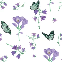 Fototapete Aquarell Natur Set Seamless vector illustration with field bells, crocus and butterflies on a white background.