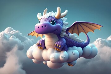 a cute adorable baby dragon character  in clouds in the style of children-friendly cartoon animation fantasy generative ai 3D style Illustration 	 - obrazy, fototapety, plakaty