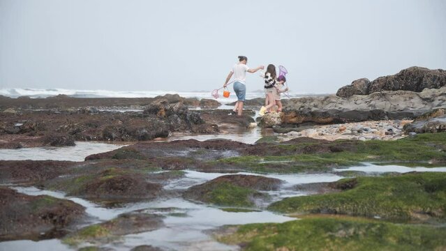 Mature woman with three kids walking on rocks at seaside