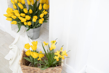 Home interior with a fresh bouquet of tulips.