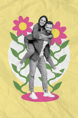 Composite collage photo of relaxed idyllic family couple piggyback have fun girl embrace her husband spring time flowers isolated on beige background