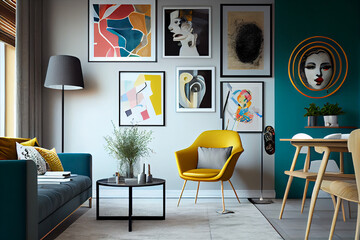 Modern and luxurious apartment with colorful posters, colorful walls, cozy sofa and yellow armchair | Interior design of a living room with a posters gallery | Generative Ai