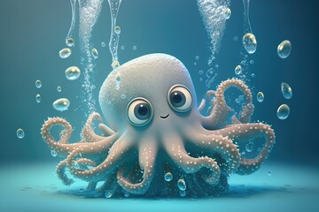 a cute adorable octopus character  underwater  in the style of children-friendly cartoon animation fantasy generative ai 3D style Illustration 	