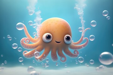 a cute adorable octopus character  underwater  in the style of children-friendly cartoon animation fantasy generative ai 3D style Illustration 	 - obrazy, fototapety, plakaty