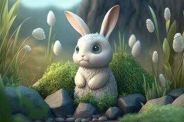 a cute adorable rabbit punny character  stands in nature in the style of children-friendly cartoon animation fantasy generative ai 3D style Illustration 	