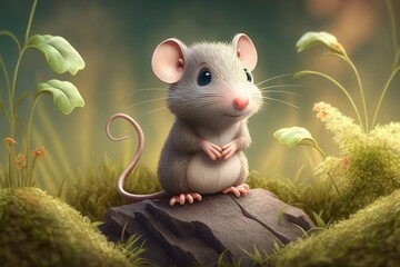 a cute adorable mouse character  stands in nature in the style of children-friendly cartoon animation fantasy generative ai 3D style Illustration 	