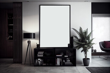 Interior design of a minimalist living room with a big blank poster frame mockup | Modern and luxurious living room | Mockup of a photo frame | Generative Ai | Black and white theme