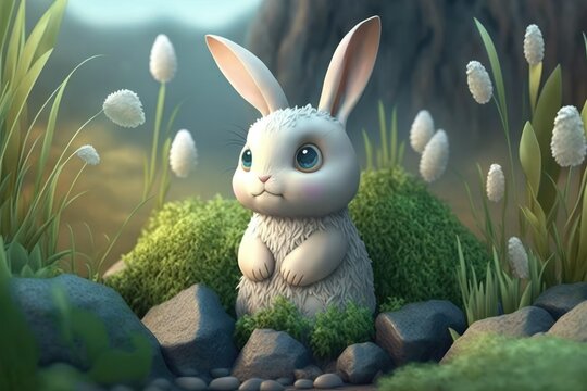 a cute adorable rabbit punny character  stands in nature in the style of children-friendly cartoon animation fantasy generative ai 3D style Illustration 	