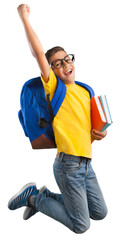 Happy young school child with backpack jumping