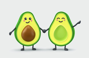 Happy smiling couple of avocado isolated on gray background. Clipping path included