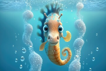 a cute adorable seahorse character  underwater  in the style of children-friendly cartoon animation fantasy generative ai 3D style Illustration 	 - obrazy, fototapety, plakaty