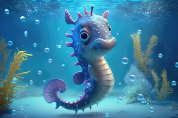 Fototapeta na wymiar a cute adorable seahorse character underwater in the style of children-friendly cartoon animation fantasy generative ai 
