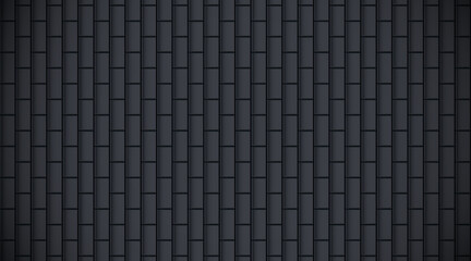 Black glossy brick wall with vertical ceramic rectangle tiles pattern horizontal background. Home interior, bathroom and kitchen wall repeat texture. Vector elegant dark shiny brickwall background