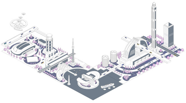 ブロックのように組み合わせれば大きな未来都市になる街並みイラスト「ブロックタウン未来都市B 」バリエーションあり