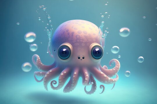 a cute adorable octopus character  underwater  in the style of children-friendly cartoon animation fantasy generative ai 