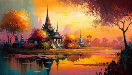 Naklejka premium paint like illustration of Ancient Thai style temple with nature background, Generative Ai