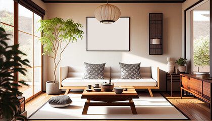 Interior design of a peaceful Japanese style living room with a big blank photo frame hanging on the wall with Japanese wooden furniture, cozy sofa and a plant | Generative Ai